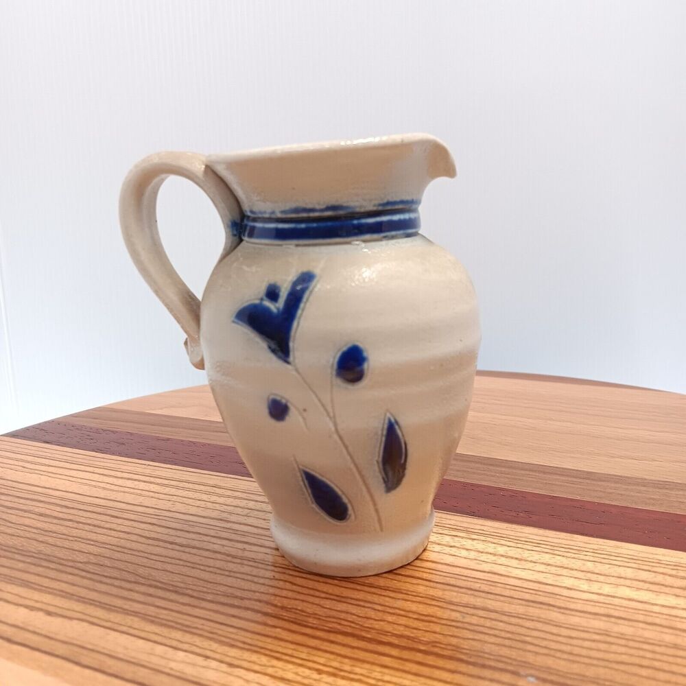 Vtg Williamsburg Pottery Pitcher Vase Small Salt Glaze Pitcher Blue Cobalt Leaf